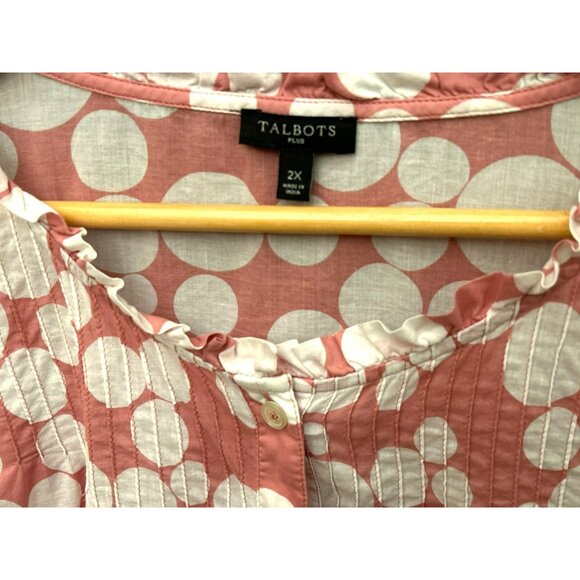 Talbots Womens Plus 2X Pink Polka Dot 100% Cotton Blouse Ruffle Neckline Button - Picture 3 of 5